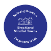 Blue background with white text that says Breckland Mindful Towns, wellbeing champion, I've got time to talk. Illustration in hand-drawn style of the outline of three terraced houses as the logo in white